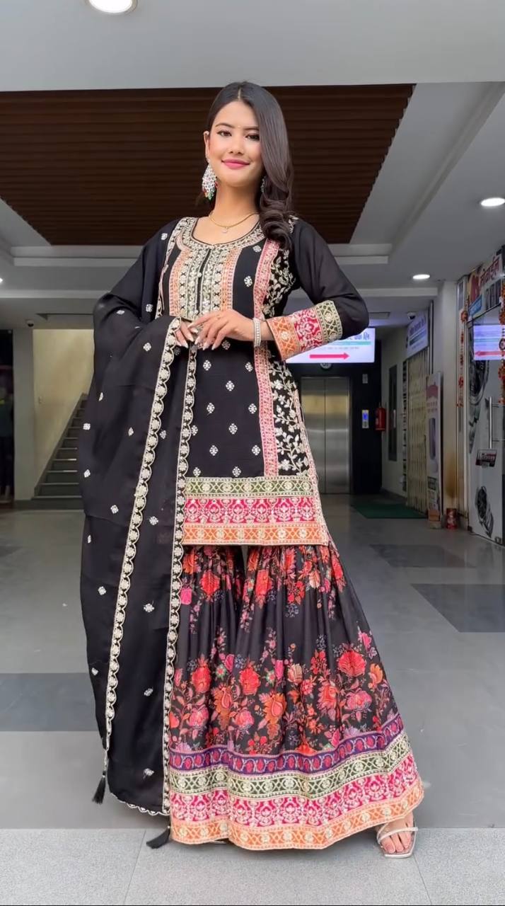 Faux Georgette Palazzo Suit Set with Sequin Embroidery and Digital Print Detailing - Jaipuri Vastra
