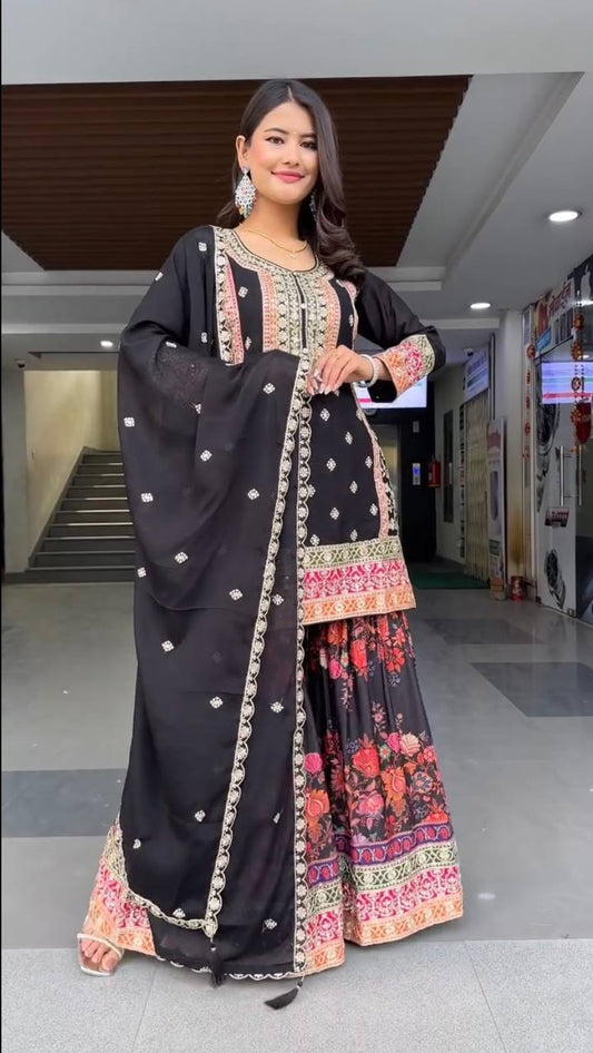Faux Georgette Palazzo Suit Set with Sequin Embroidery and Digital Print Detailing - Jaipuri Vastra