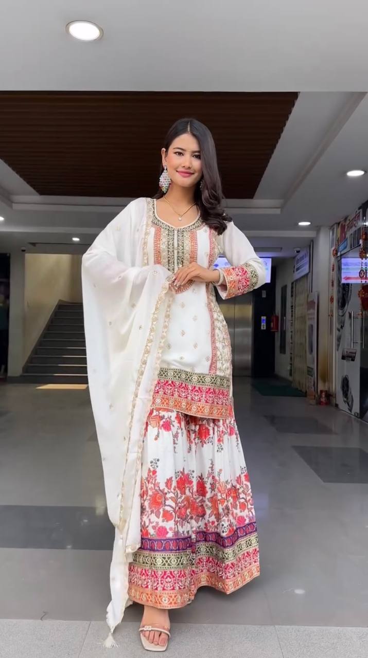 Faux Georgette Palazzo Suit Set with Sequin Embroidery and Digital Print Detailing - Jaipuri Vastra
