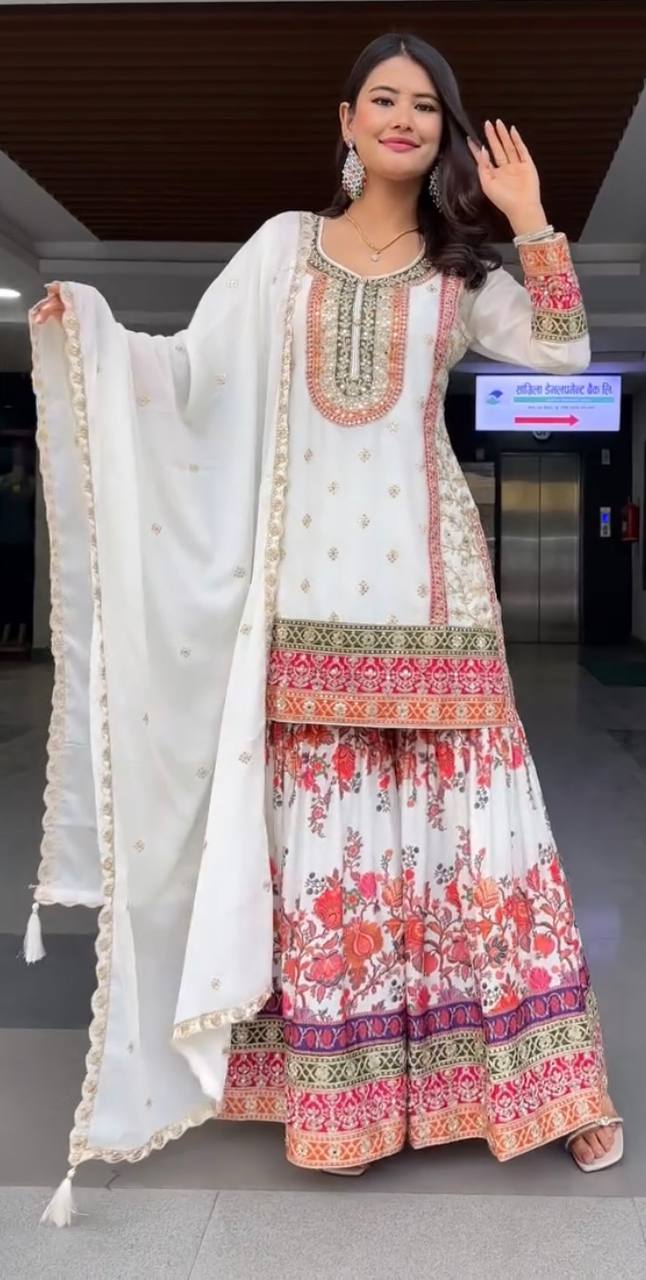 Faux Georgette Palazzo Suit Set with Sequin Embroidery and Digital Print Detailing - Jaipuri Vastra