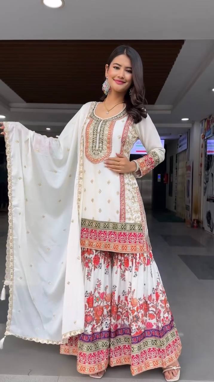 Faux Georgette Palazzo Suit Set with Sequin Embroidery and Digital Print Detailing - Jaipuri Vastra