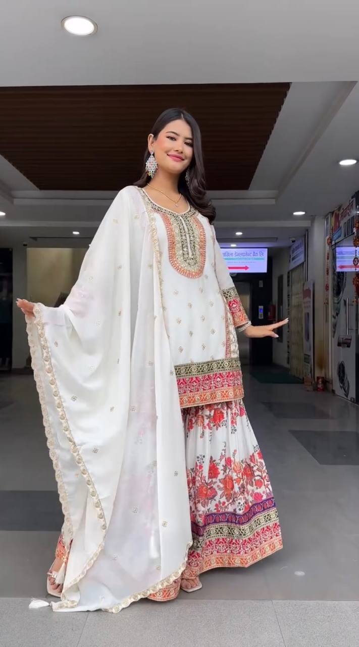 Faux Georgette Palazzo Suit Set with Sequin Embroidery and Digital Print Detailing - Jaipuri Vastra