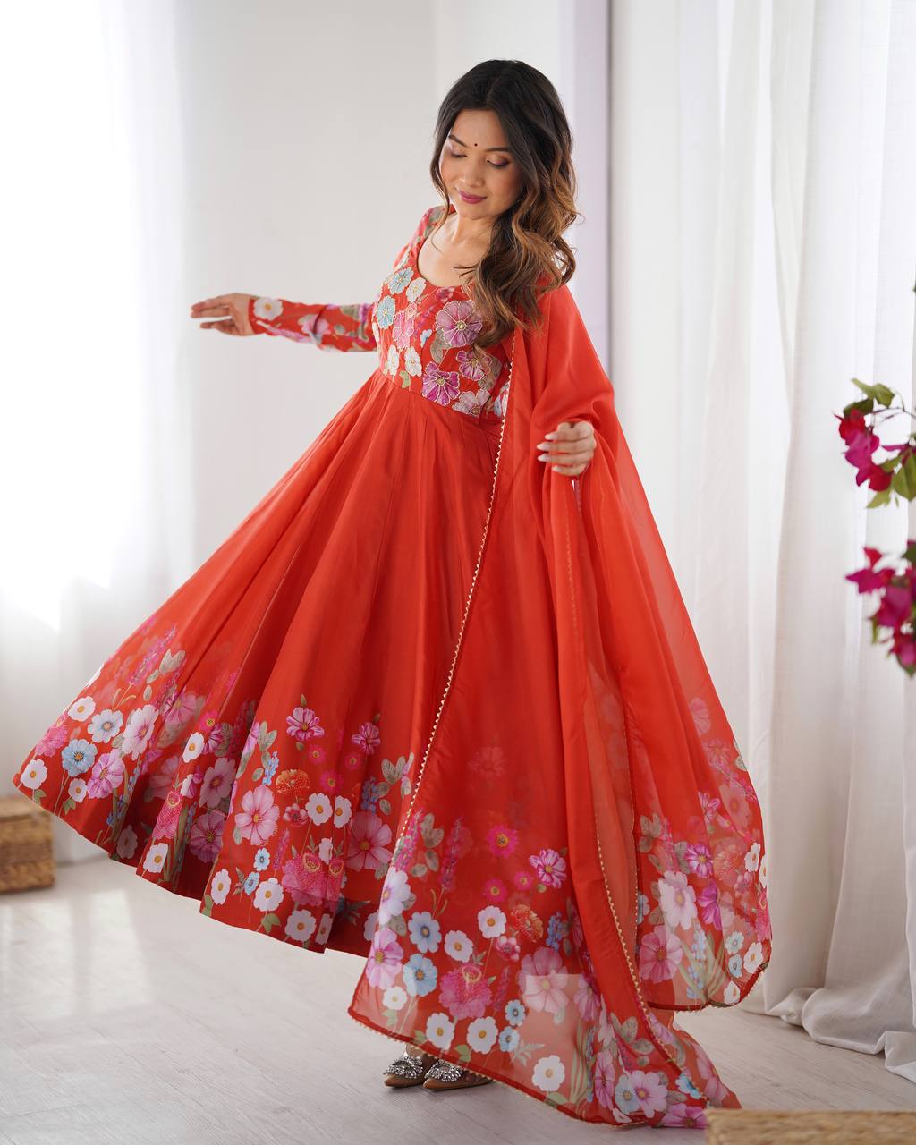 Designer Organza Silk Anarkali with Hand Embroidered Flower Work and Zipper Finish - Jaipuri Vastra