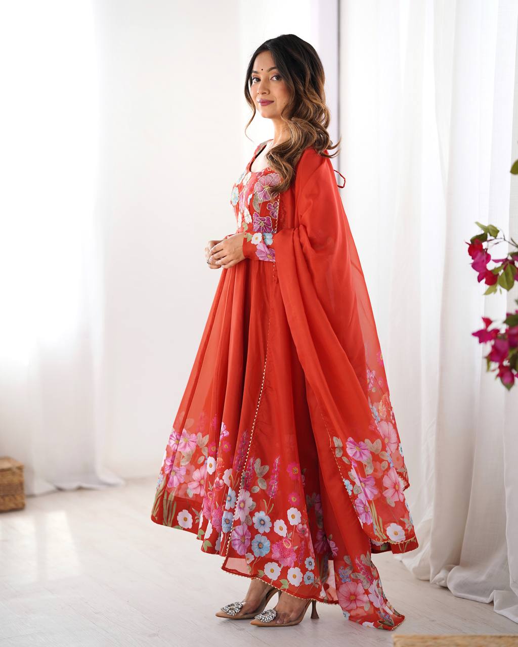 Designer Organza Silk Anarkali with Hand Embroidered Flower Work and Zipper Finish - Jaipuri Vastra