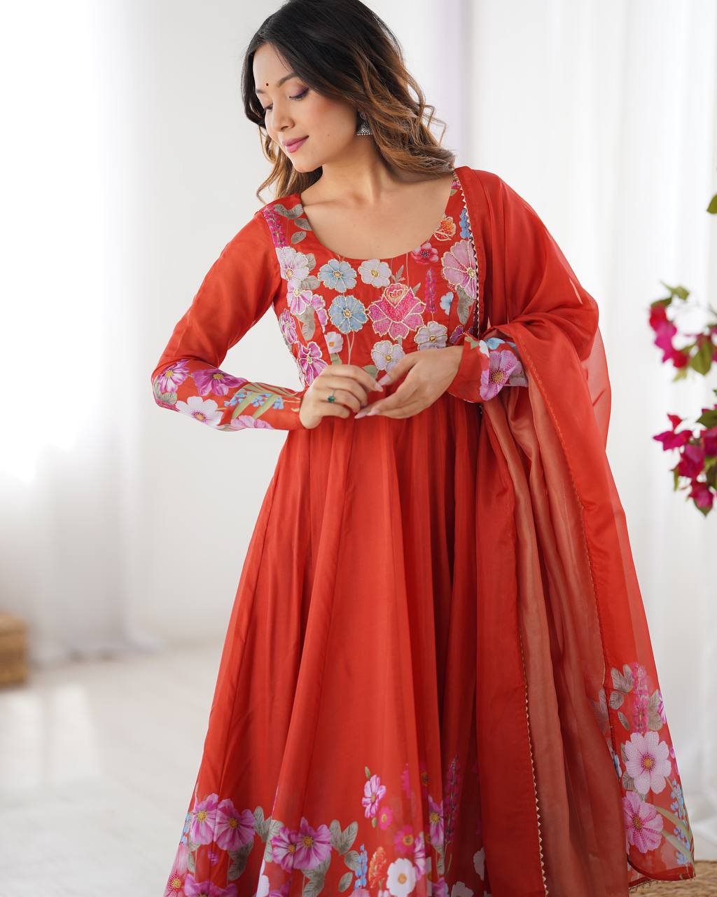 Designer Organza Silk Anarkali with Hand Embroidered Flower Work and Zipper Finish - Jaipuri Vastra