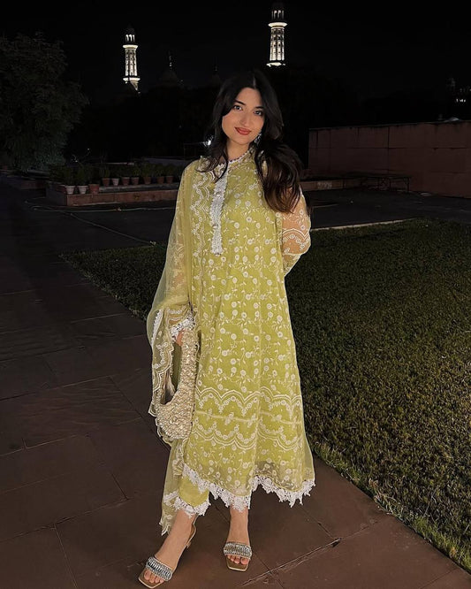 Party Wear Soft Net Suit Set with Fancy Embroidered Top, Plain Pant and Designer Dupatta - Jaipuri Vastra