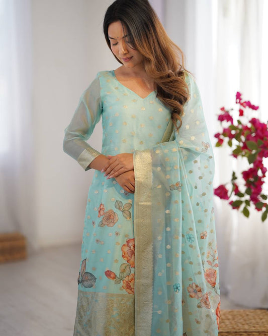 Chanderi Silk Jacquard Work Suit Set with Plain Pant and Matching Dupatta - Jaipuri Vastra