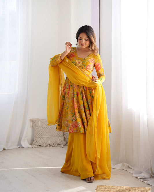 Soft Romansilk Chanderi Discharge Print Kediya Kurta Set with Palazzo and Dupatta - Jaipuri Vastra