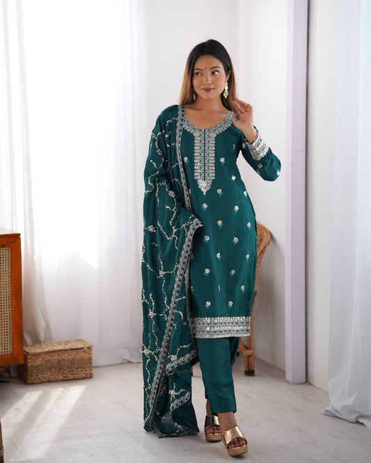 Chinon Silk Thread and Sequin Embroidered Top with Matching Pant and Dupatta - Jaipuri Vastra