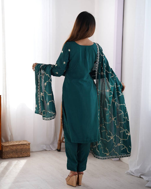 Chinon Silk Thread and Sequin Embroidered Top with Matching Pant and Dupatta - Jaipuri Vastra
