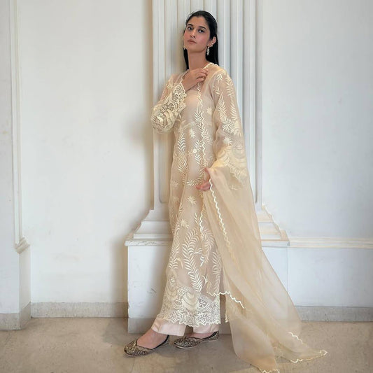Premium Party Wear Suit Set Featuring Fancy Cut Work Sleeves, Soft Net Top and Silk Pant - Jaipuri Vastra