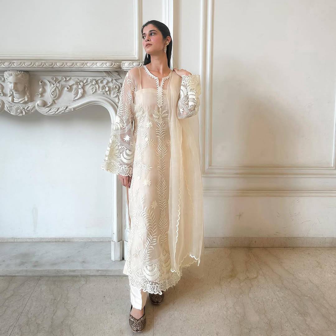 Premium Party Wear Suit Set Featuring Fancy Cut Work Sleeves, Soft Net Top and Silk Pant - Jaipuri Vastra