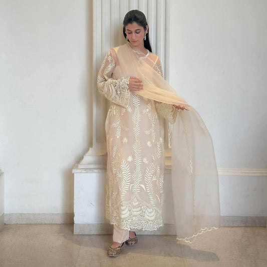 Premium Party Wear Suit Set Featuring Fancy Cut Work Sleeves, Soft Net Top and Silk Pant - Jaipuri Vastra