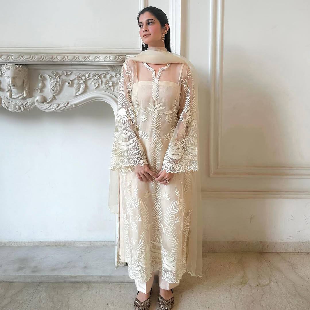 Premium Party Wear Suit Set Featuring Fancy Cut Work Sleeves, Soft Net Top and Silk Pant - Jaipuri Vastra