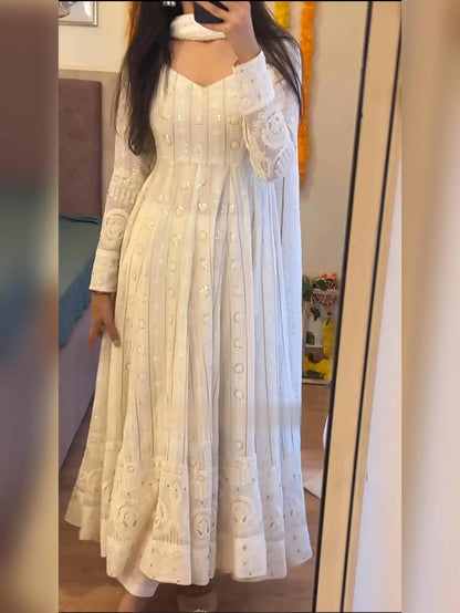 Designer Three Piece Anarkali Suit in Faux Blooming with Heavy Sequins and Thread Work - Jaipuri Vastra