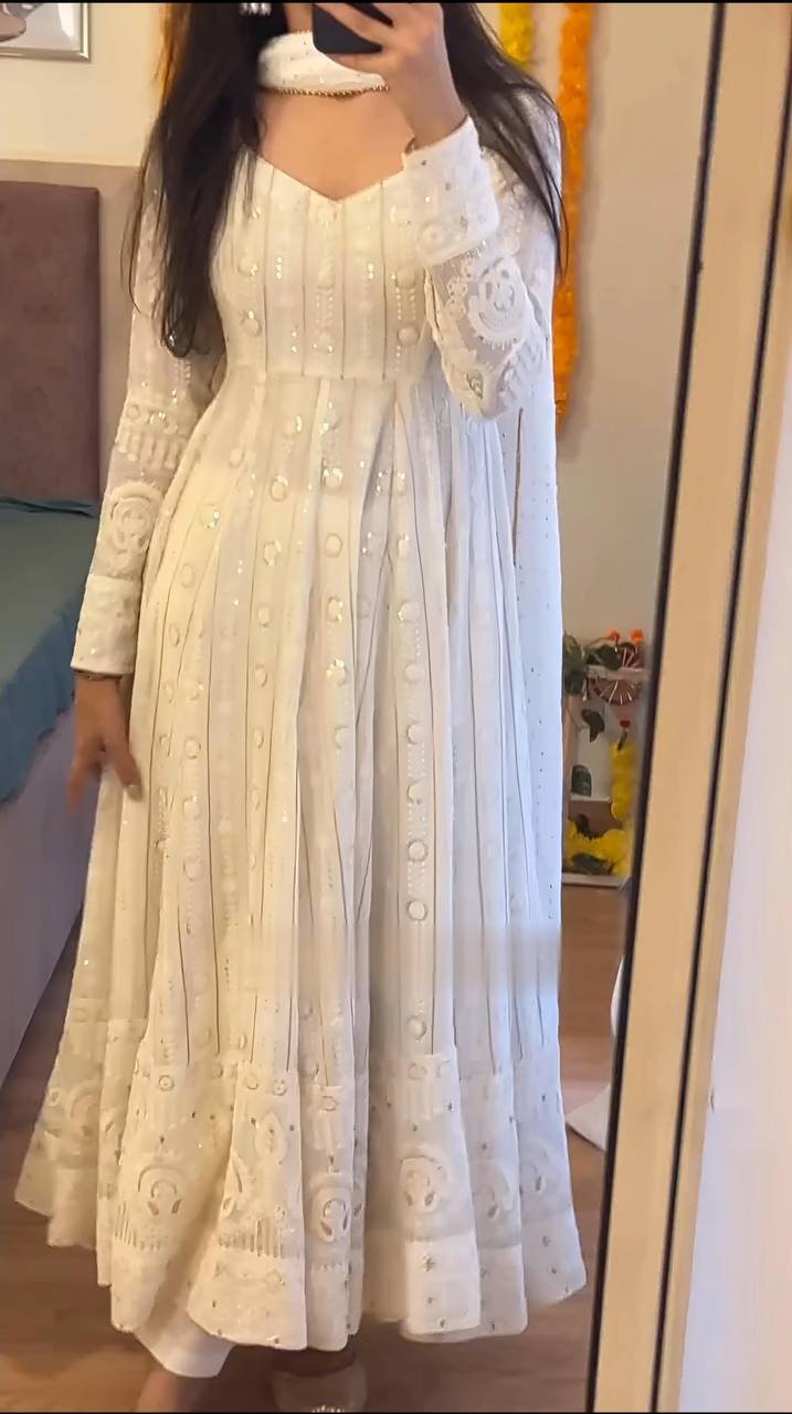 Designer Three Piece Anarkali Suit in Faux Blooming with Heavy Sequins and Thread Work - Jaipuri Vastra