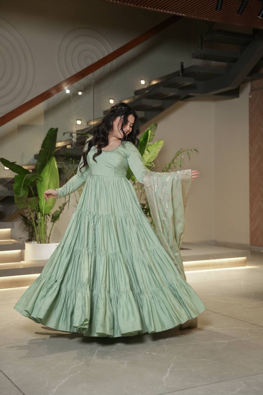 Pure Chanderi Anarkali Suit in Roman Silk with Flare, Paired with Dupatta and Bottoms - Jaipuri Vastra