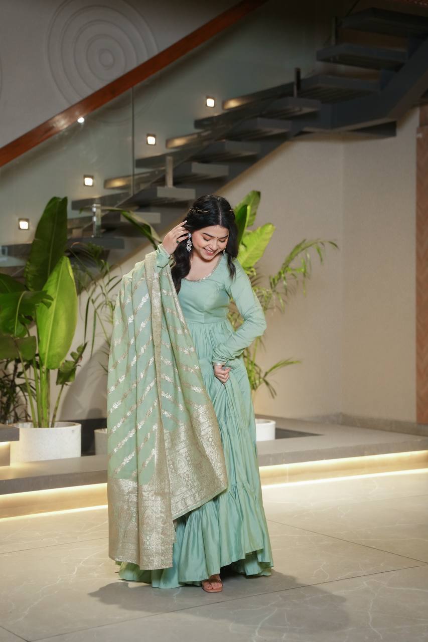 Pure Chanderi Anarkali Suit in Roman Silk with Flare, Paired with Dupatta and Bottoms - Jaipuri Vastra