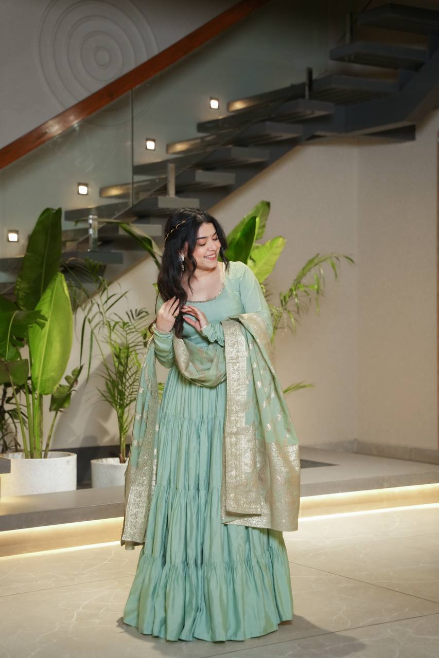 Pure Chanderi Anarkali Suit in Roman Silk with Flare, Paired with Dupatta and Bottoms - Jaipuri Vastra