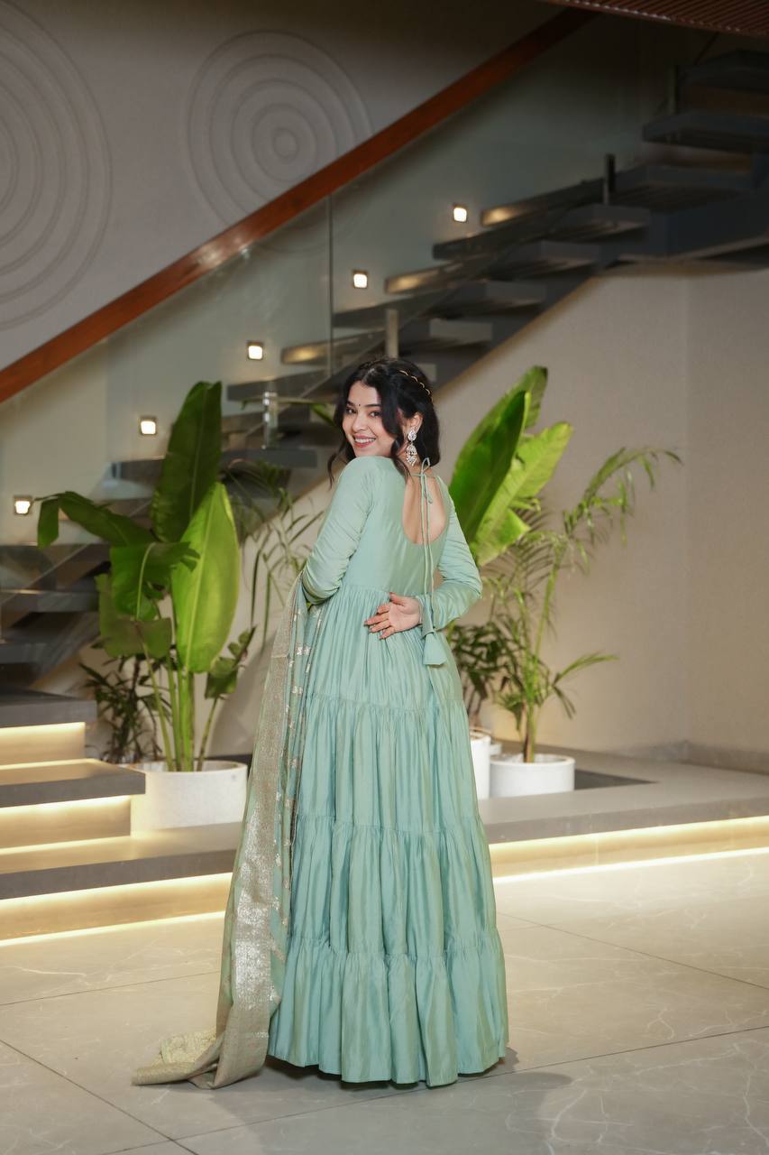 Pure Chanderi Anarkali Suit in Roman Silk with Flare, Paired with Dupatta and Bottoms - Jaipuri Vastra