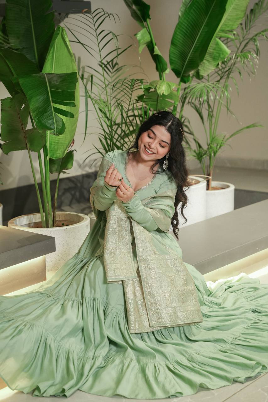 Pure Chanderi Anarkali Suit in Roman Silk with Flare, Paired with Dupatta and Bottoms - Jaipuri Vastra