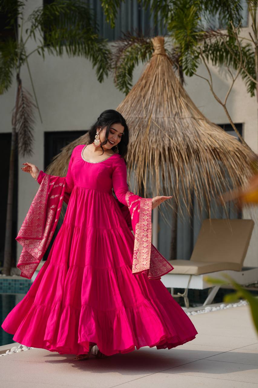 Pure Chanderi Anarkali Suit in Roman Silk with Flare, Paired with Dupatta and Bottoms - Jaipuri Vastra