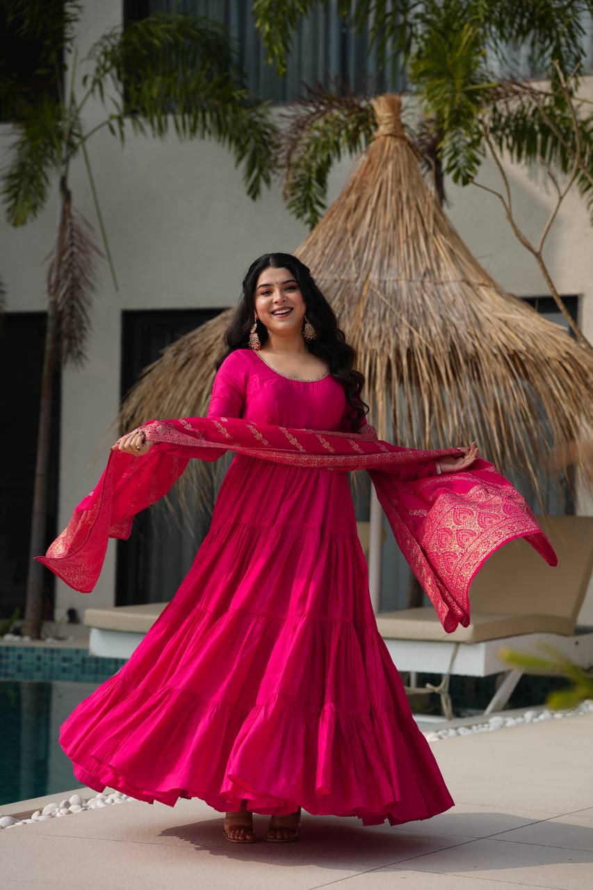 Pure Chanderi Anarkali Suit in Roman Silk with Flare, Paired with Dupatta and Bottoms - Jaipuri Vastra
