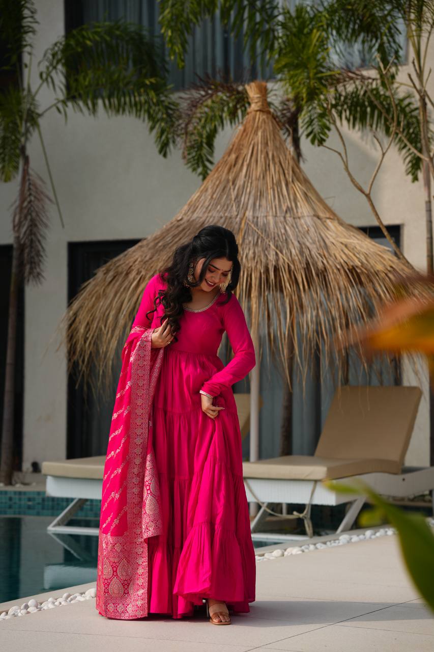 Pure Chanderi Anarkali Suit in Roman Silk with Flare, Paired with Dupatta and Bottoms - Jaipuri Vastra