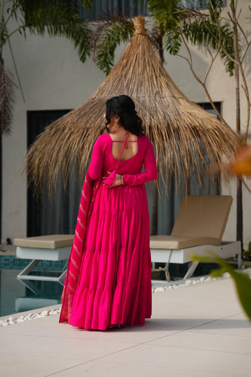 Pure Chanderi Anarkali Suit in Roman Silk with Flare, Paired with Dupatta and Bottoms - Jaipuri Vastra