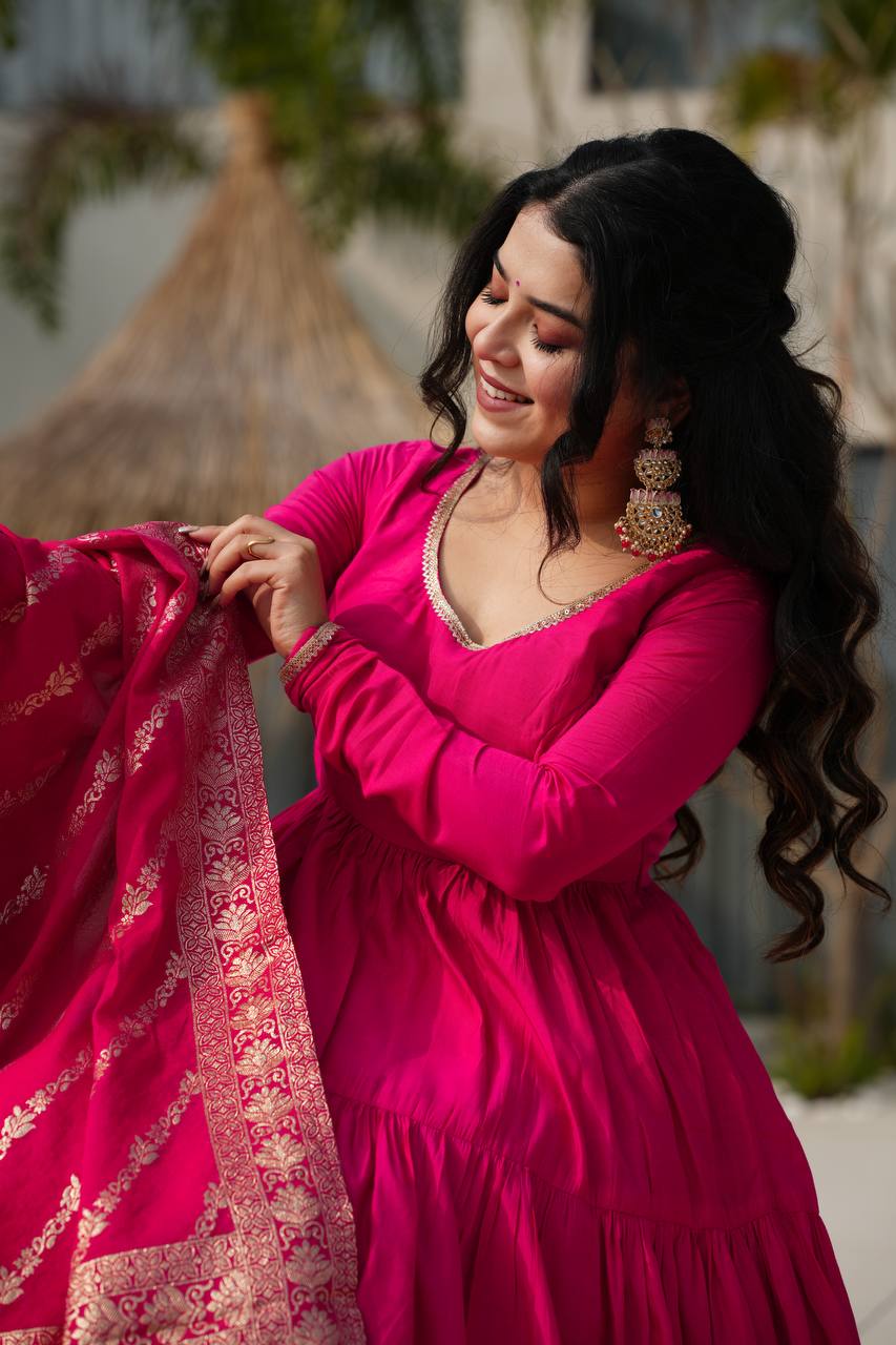 Pure Chanderi Anarkali Suit in Roman Silk with Flare, Paired with Dupatta and Bottoms - Jaipuri Vastra