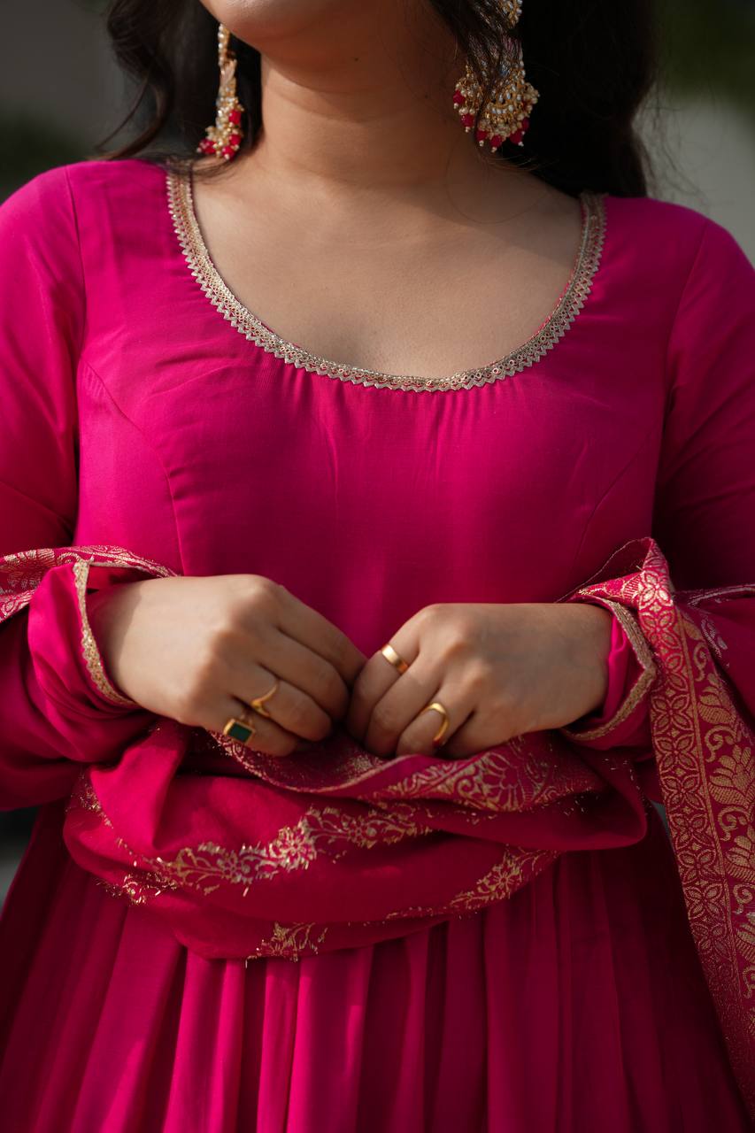 Pure Chanderi Anarkali Suit in Roman Silk with Flare, Paired with Dupatta and Bottoms - Jaipuri Vastra