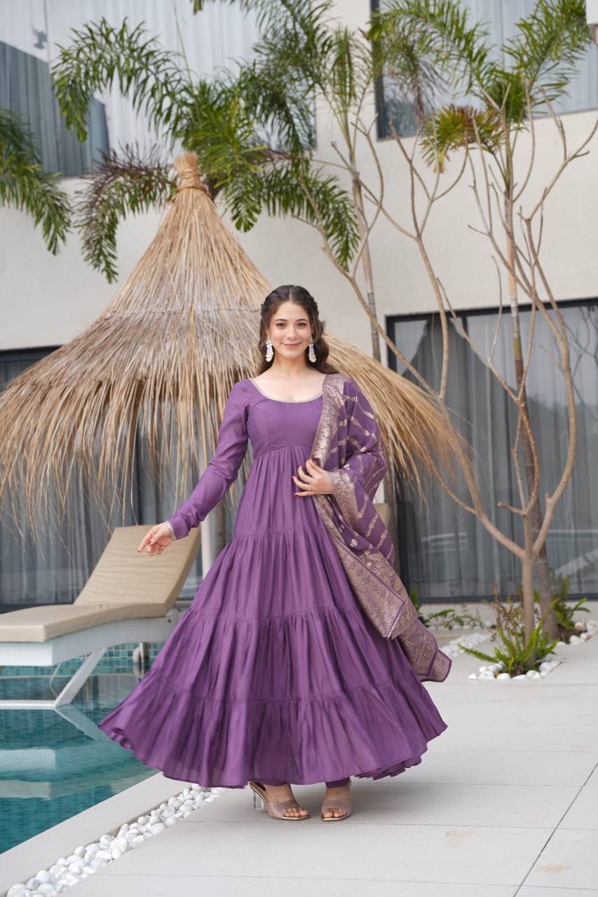 Pure Chanderi Anarkali Suit in Roman Silk with Flare, Paired with Dupatta and Bottoms - Jaipuri Vastra