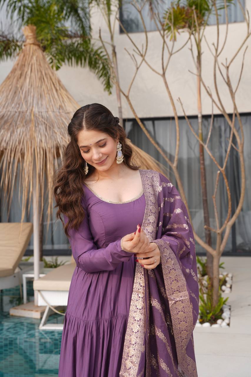 Pure Chanderi Anarkali Suit in Roman Silk with Flare, Paired with Dupatta and Bottoms - Jaipuri Vastra