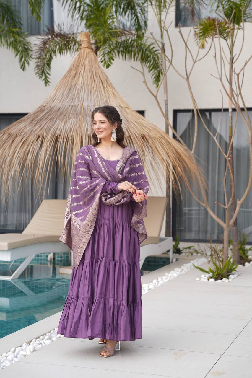 Pure Chanderi Anarkali Suit in Roman Silk with Flare, Paired with Dupatta and Bottoms - Jaipuri Vastra
