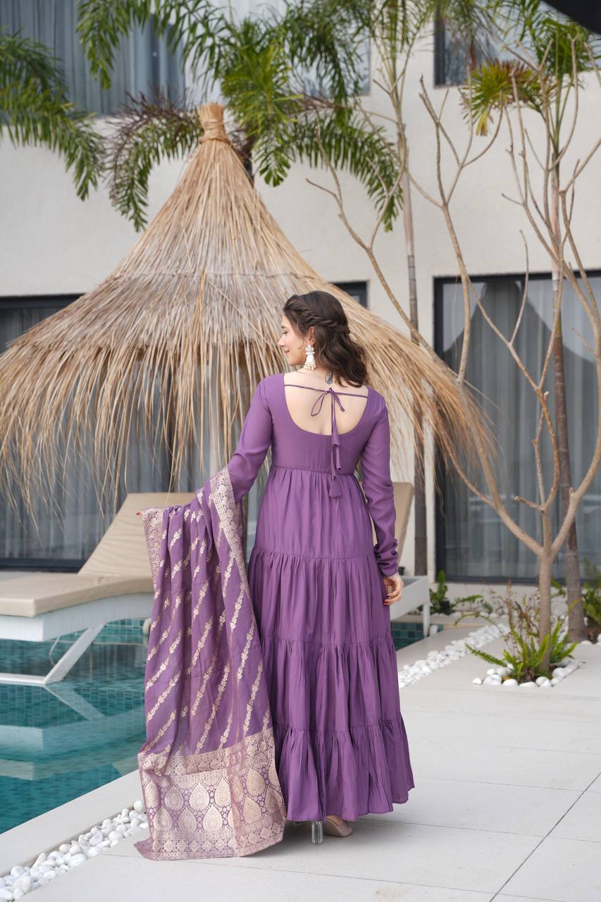 Pure Chanderi Anarkali Suit in Roman Silk with Flare, Paired with Dupatta and Bottoms - Jaipuri Vastra