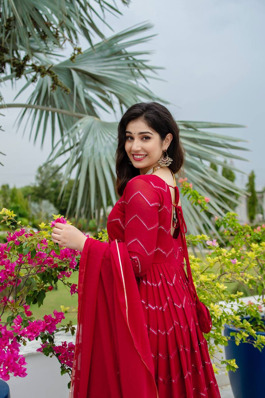 Designer Anarkali Suit Set for Women Faux Georgette with Embroidery and Lace Dupatta - Jaipuri Vastra