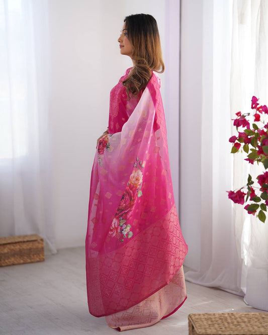 Chanderi Silk Jacquard Work and Digital Print Suit Set with Pant and Dupatta - Jaipuri Vastra