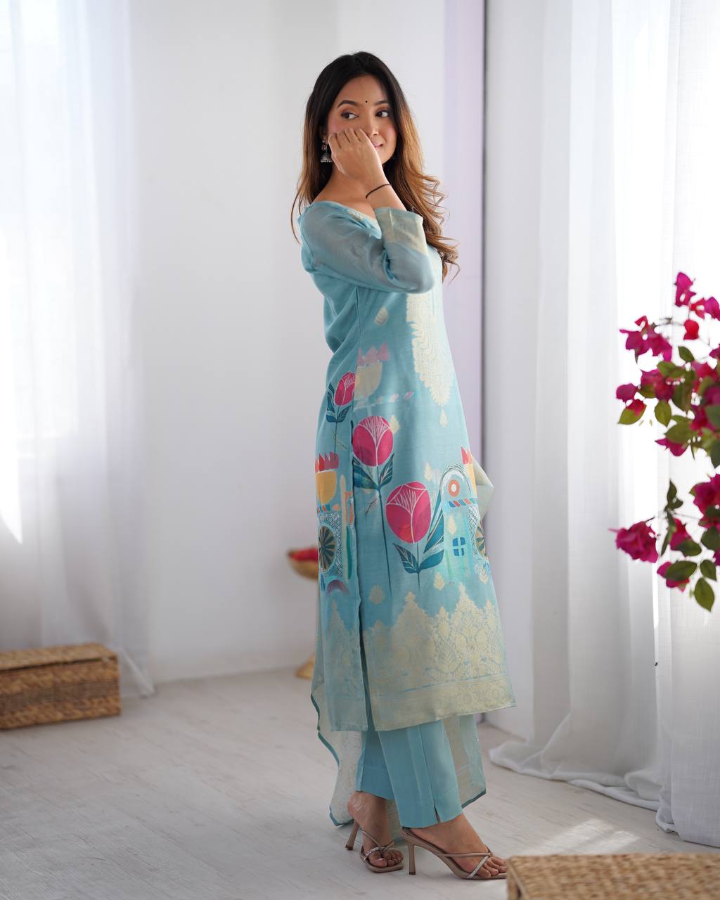 Chanderi Silk Jacquard Work and Digital Print Suit Set with Pant and Dupatta - Jaipuri Vastra