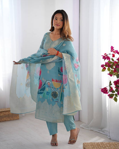 Chanderi Silk Jacquard Work and Digital Print Suit Set with Pant and Dupatta - Jaipuri Vastra
