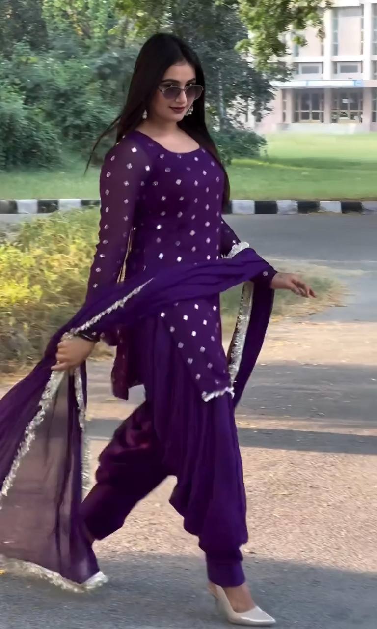 Designer Dhoti Suit Set for Women in Faux Georgette with Sequins and Zari Embroidery - Jaipuri Vastra