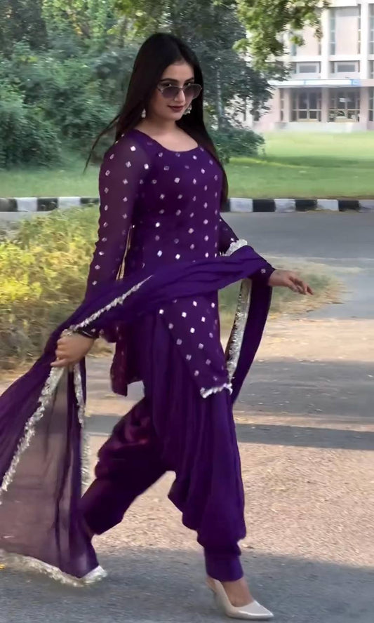 Designer Dhoti Suit Set for Women in Faux Georgette with Sequins and Zari Embroidery - Jaipuri Vastra