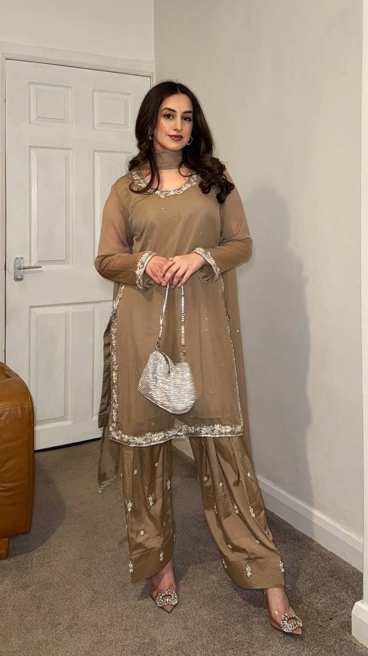 New Designer Faux Georgette Embroidered Top Farshi Pant Dupatta Set - Jaipuri Vastra