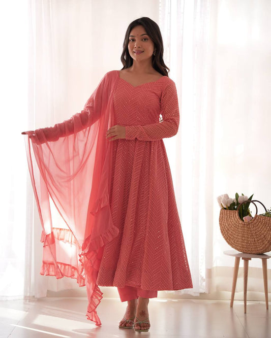 Fully Flared Kali Pattern Anarkali Set in Pure Soft Fox Georgette with Lucknowi Sequence Work - Jaipuri Vastra