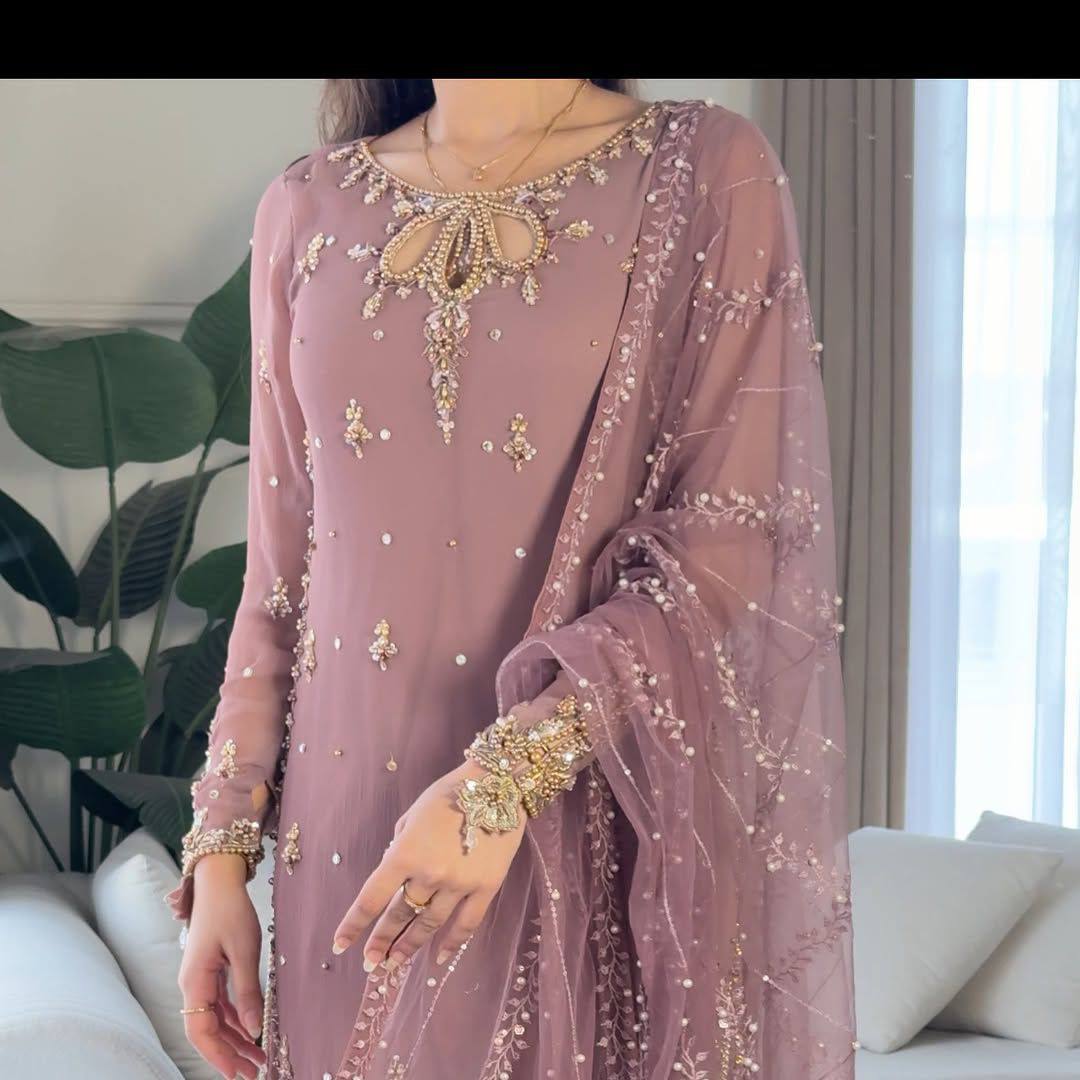 New Designer Faux Georgette Embroidered Top Bottom Dupatta Set in Rose Pink - Jaipuri Vastra