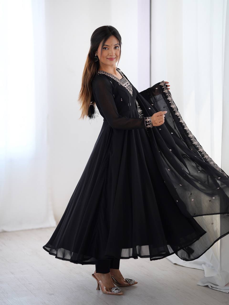 Designer Faux Georgette Anarkali Set with Embroidery, Bead and Zari Detailing - Jaipuri Vastra