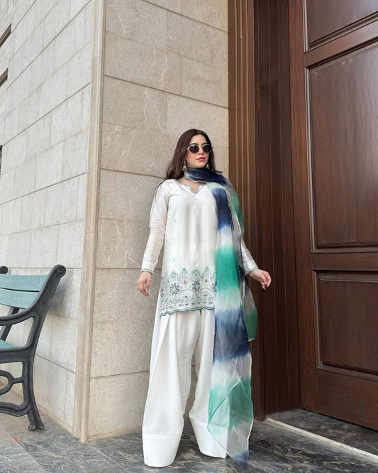 Exclusive Designer Wear Roman Silk Farsi Salwar Suit with Matching Embroidered Salwar and Elegant Dupatta