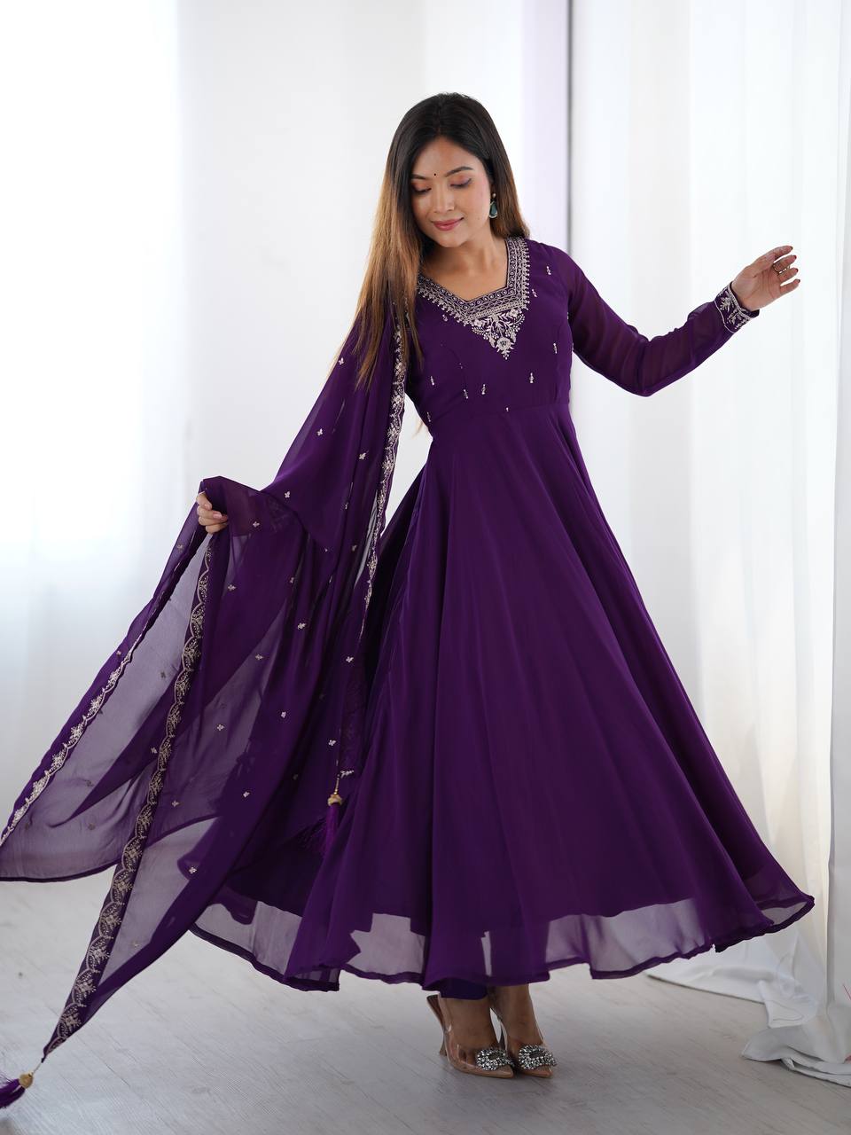 Designer Faux Georgette Anarkali Set with Embroidery, Bead and Zari Detailing - Jaipuri Vastra