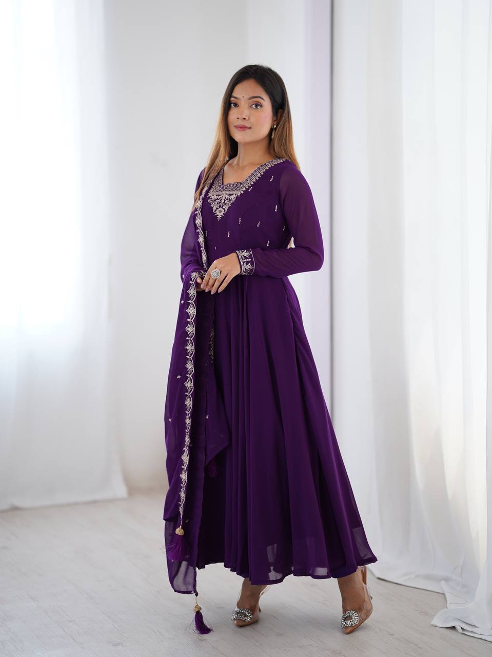 Designer Faux Georgette Anarkali Set with Embroidery, Bead and Zari Detailing - Jaipuri Vastra