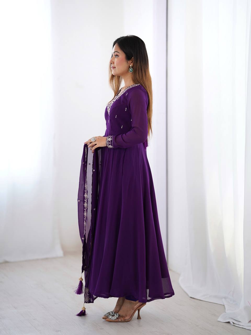 Designer Faux Georgette Anarkali Set with Embroidery, Bead and Zari Detailing - Jaipuri Vastra