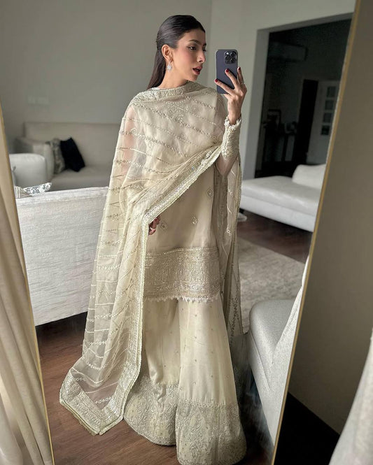 Stylish Party Wear Tabby Organza Sharara Suit Set with Heavy Embroidery and Cream Dupatta - Jaipuri Vastra